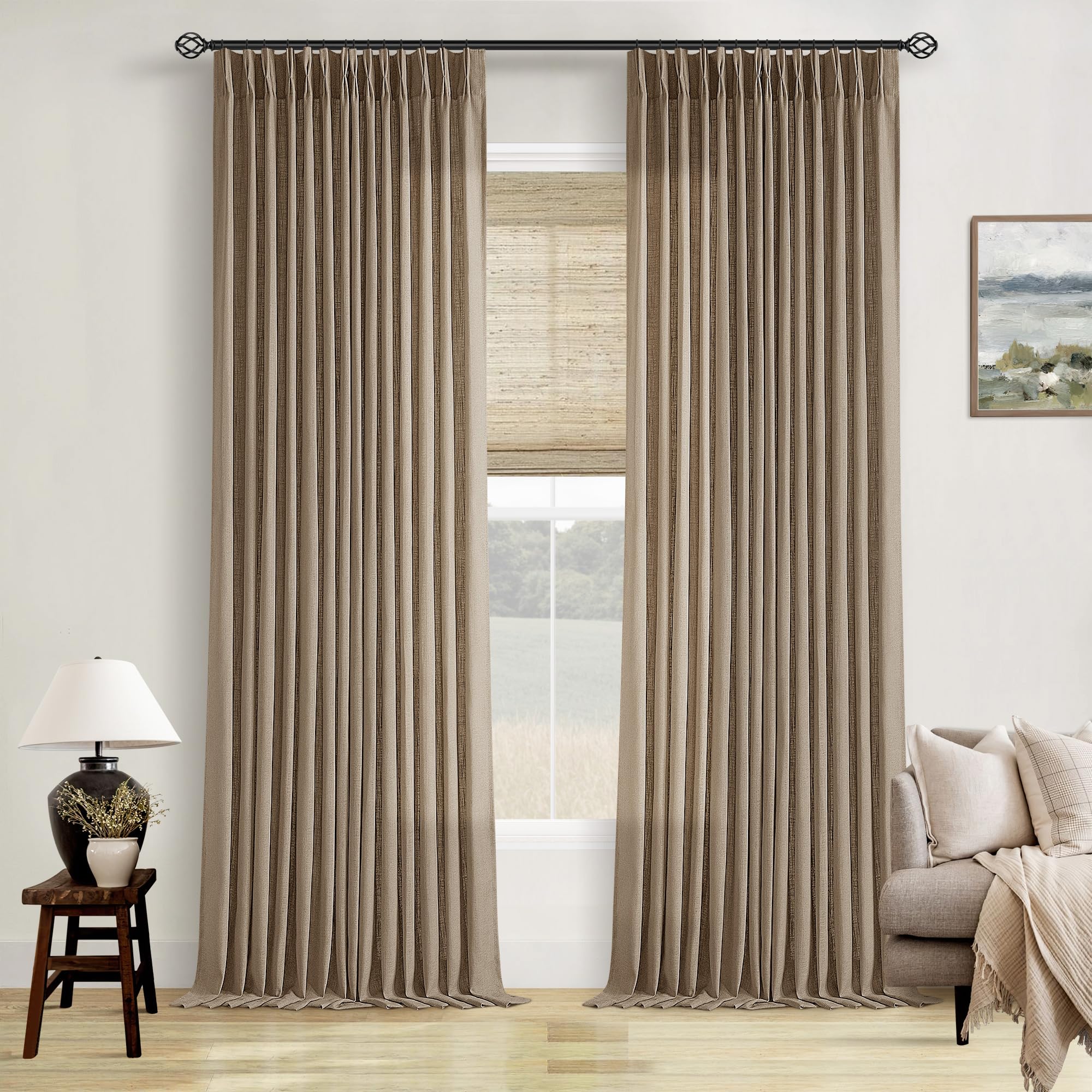 Natural Pinch Pleated Linen Curtains 84 Inch Length 2 Panels for Living Room Bedroom Textured Cream Ivory Birch Semi Sheer Boho Neutral Back Tab Pinch Pleat Hooks Rings Window Curtain 84 Inches Long