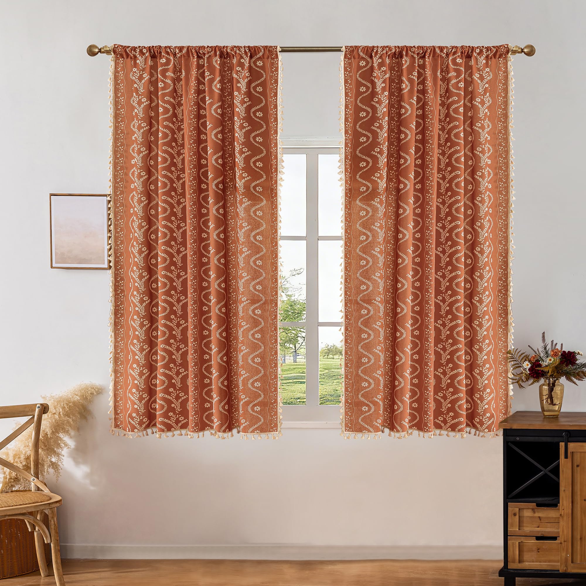 Burnt Orange Curtains for Living Room Patterned Farmhouse Curtains 2 Panels,Boho Linen Vintage Tassel Terracotta Floral Fall Window Curtain for Bedroom Dining Room Kitchen 84 Inch Long
