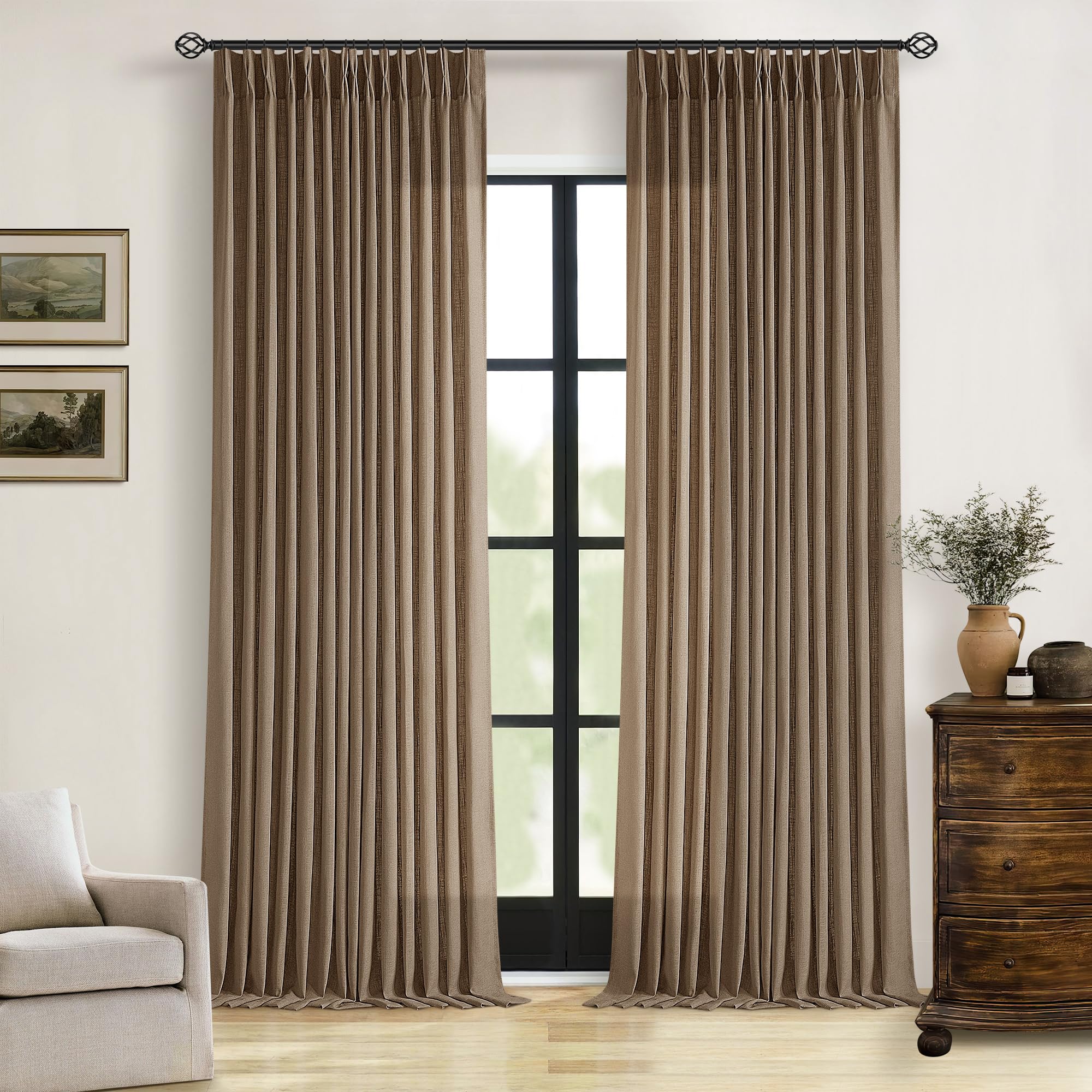 Natural Pinch Pleated Linen Curtains 84 Inch Length 2 Panels for Living Room Bedroom Textured Cream Ivory Birch Semi Sheer Boho Neutral Back Tab Pinch Pleat Hooks Rings Window Curtain 84 Inches Long