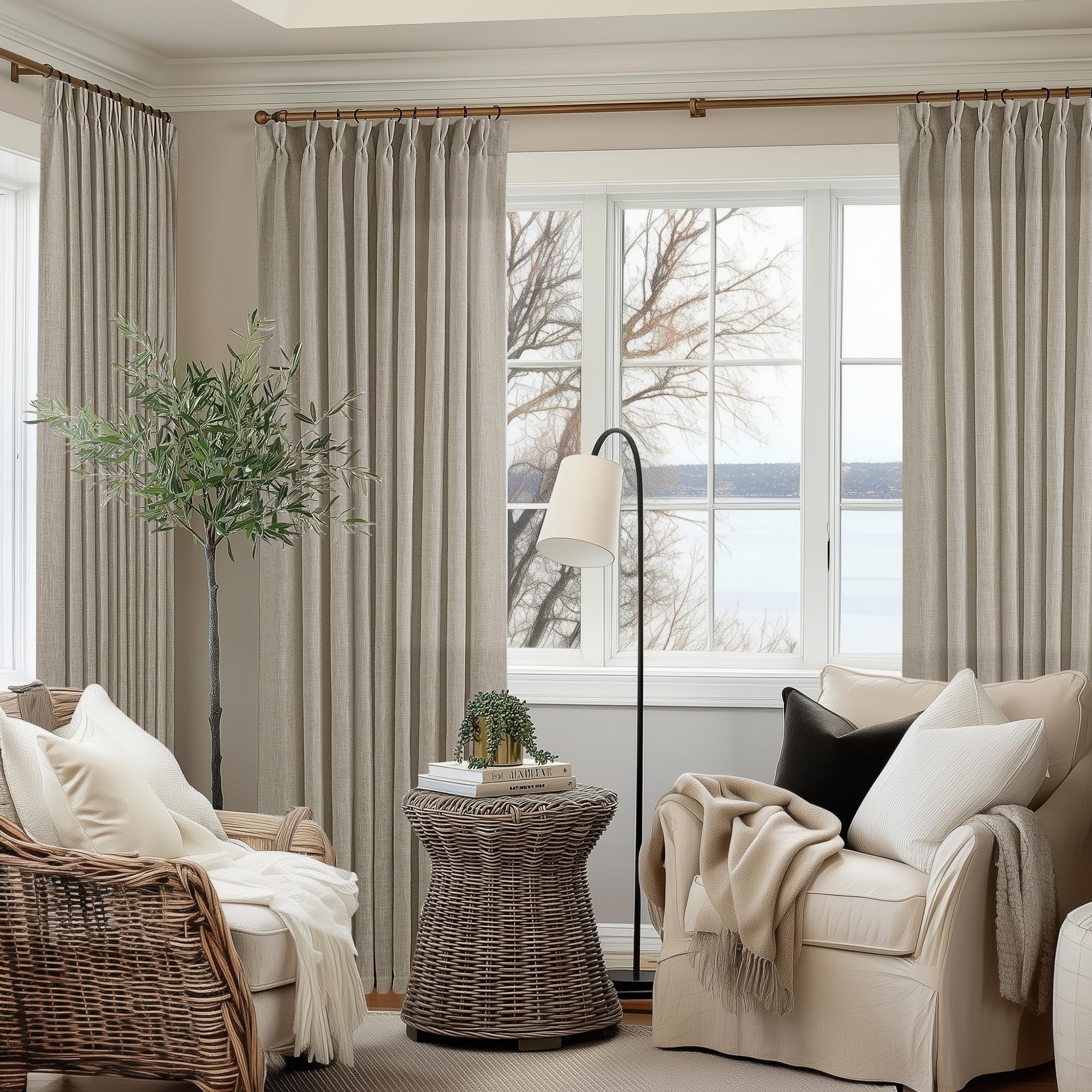 Natural Pinch Pleated Linen Curtains 84 Inch Length 2 Panels for Living Room Bedroom Textured Cream Ivory Birch Semi Sheer Boho Neutral Back Tab Pinch Pleat Hooks Rings Window Curtain 84 Inches Long