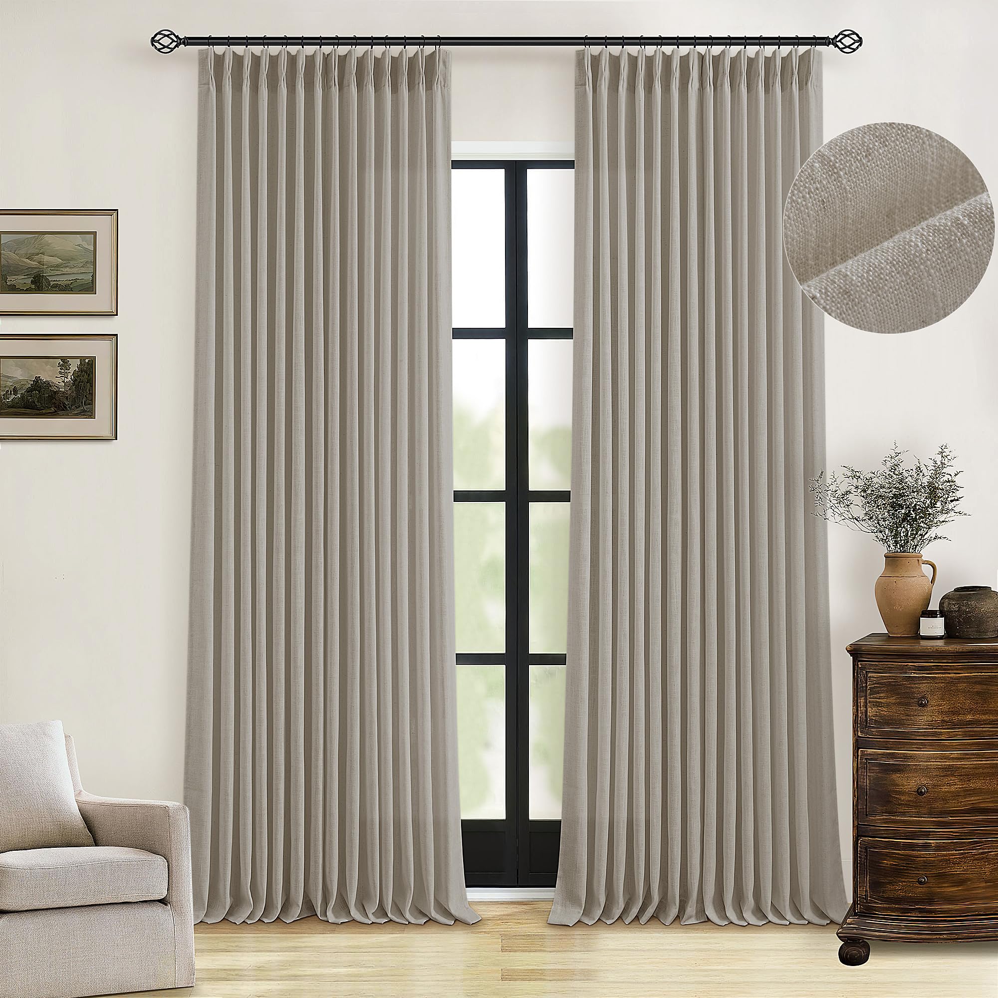 Natural Pinch Pleated Linen Curtains 84 Inch Length 2 Panels for Living Room Bedroom Textured Cream Ivory Birch Semi Sheer Boho Neutral Back Tab Pinch Pleat Hooks Rings Window Curtain 84 Inches Long