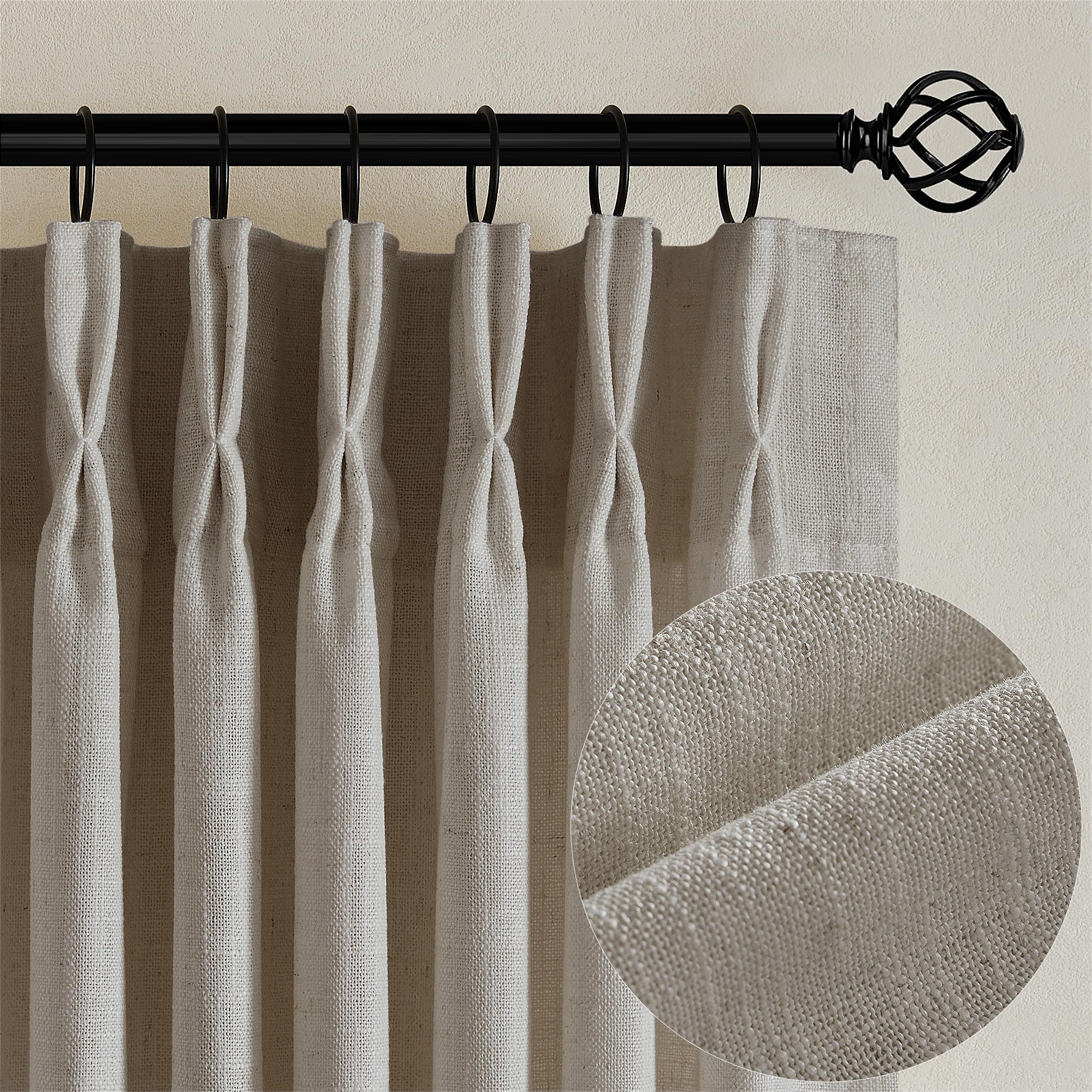 Natural Pinch Pleated Linen Curtains 84 Inch Length 2 Panels for Living Room Bedroom Textured Cream Ivory Birch Semi Sheer Boho Neutral Back Tab Pinch Pleat Hooks Rings Window Curtain 84 Inches Long