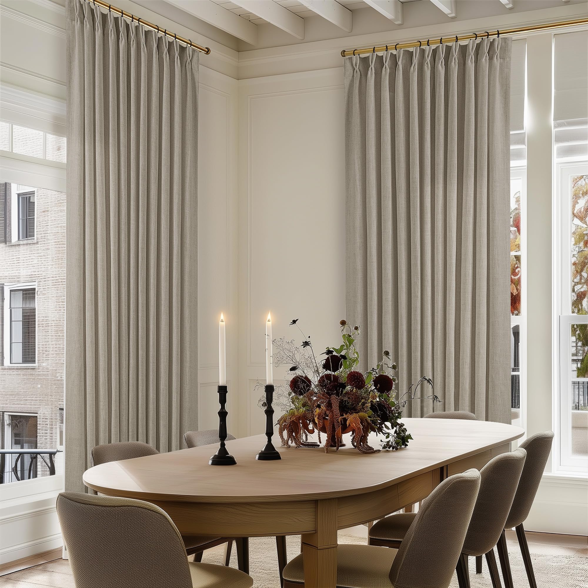 Natural Pinch Pleated Linen Curtains 84 Inch Length 2 Panels for Living Room Bedroom Textured Cream Ivory Birch Semi Sheer Boho Neutral Back Tab Pinch Pleat Hooks Rings Window Curtain 84 Inches Long