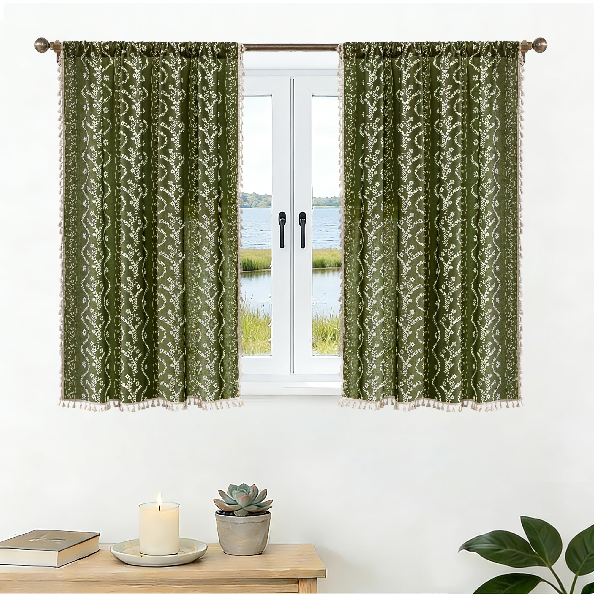 Burnt Orange Curtains for Living Room Patterned Farmhouse Curtains 2 Panels,Boho Linen Vintage Tassel Terracotta Floral Fall Window Curtain for Bedroom Dining Room Kitchen 84 Inch Long