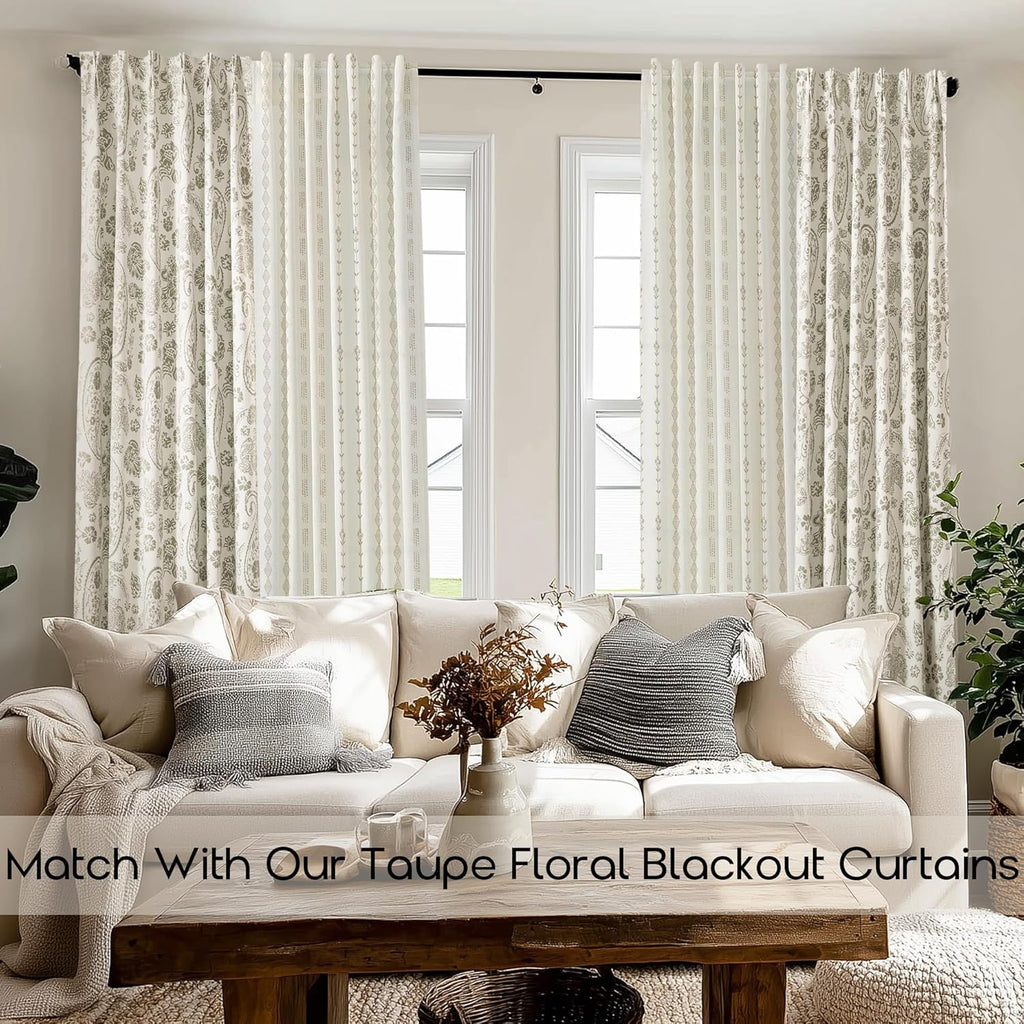 Neutral Farmhouse Curtains for Living Room 84 Inches Long,Taupe Cream Boho Light Filtering Sheer Patterned Modern Beautiful Linen Curtains with Floral Pattern Design Dining Room 84 Length 2 Panels Set