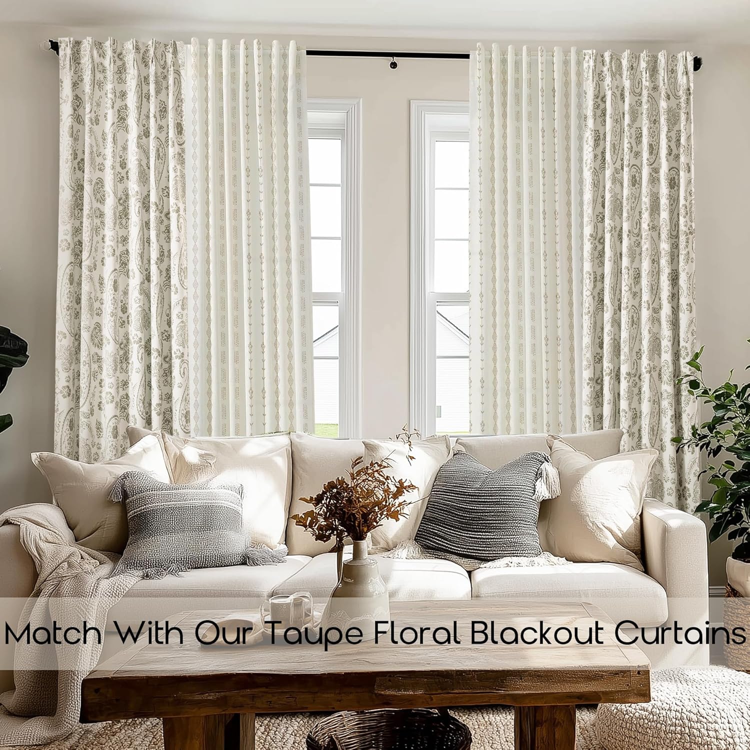 Neutral Farmhouse Curtains for Living Room 84 Inches Long,Taupe Cream Boho Light Filtering Sheer Patterned Modern Beautiful Linen Curtains with Floral Pattern Design Dining Room 84 Length 2 Panels Set