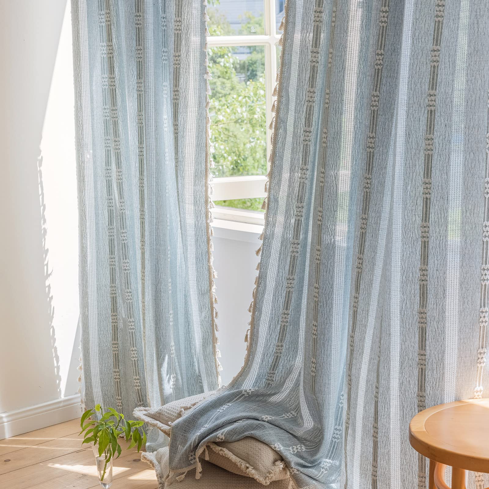 ENJOYBRIDAL Floral Bedroom Curtains 84 Inch Length 2 Panels Set Farmhouse Semi Sheer Living Room Drapes Cotton Linen Blend Bohemian Window Curtain Panels with Tassel Beige Rod Pocket Drapes