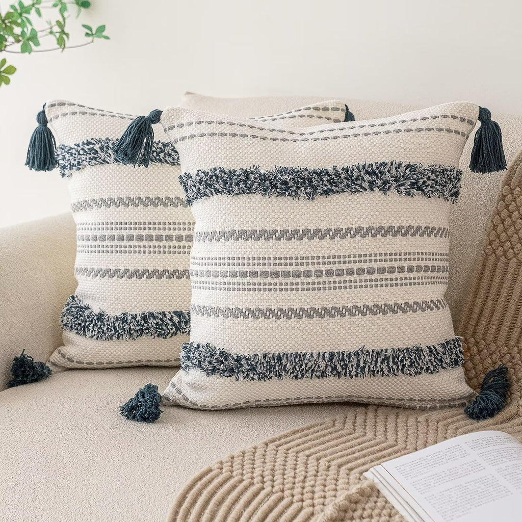 Boho Throw Pillow Covers 18x18 Set of 2 Woven Tufted Farmhouse Pillows Cover with Tassels Textured Striped Cushion Case Neutral Pillow Cases Decorative Pillowcase for Sofa, Couch, Bed, Khaki