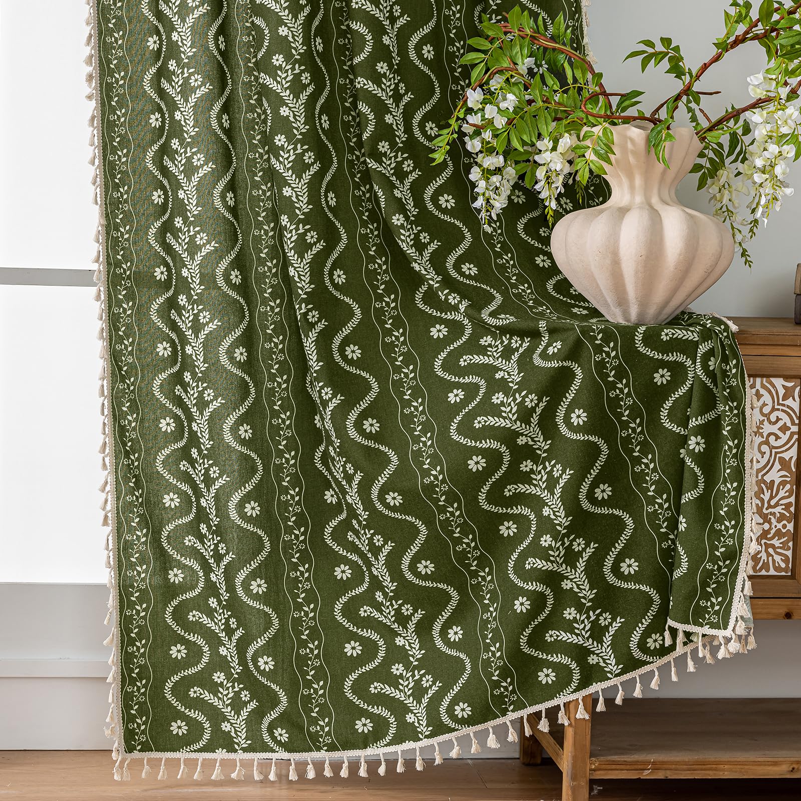 Burnt Orange Curtains for Living Room Patterned Farmhouse Curtains 2 Panels,Boho Linen Vintage Tassel Terracotta Floral Fall Window Curtain for Bedroom Dining Room Kitchen 84 Inch Long