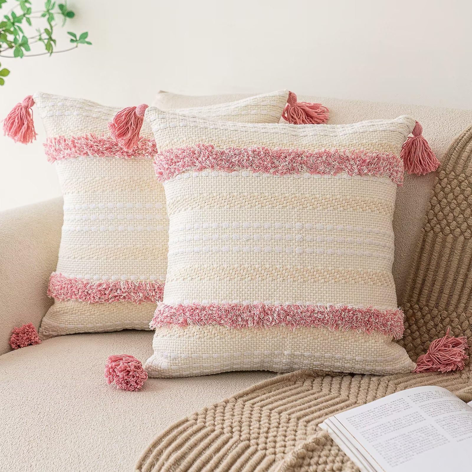 Boho Throw Pillow Covers 18x18 Set of 2 Woven Tufted Farmhouse Pillows Cover with Tassels Textured Striped Cushion Case Neutral Pillow Cases Decorative Pillowcase for Sofa, Couch, Bed, Khaki