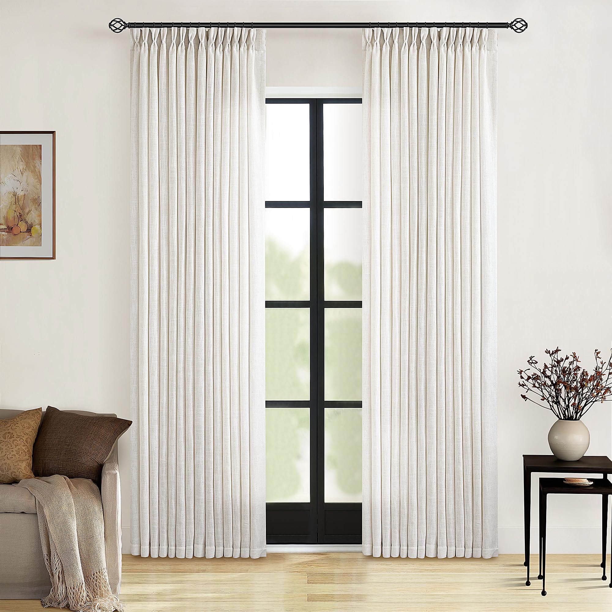Natural Pinch Pleated Linen Curtains 84 Inch Length 2 Panels for Living Room Bedroom Textured Cream Ivory Birch Semi Sheer Boho Neutral Back Tab Pinch Pleat Hooks Rings Window Curtain 84 Inches Long
