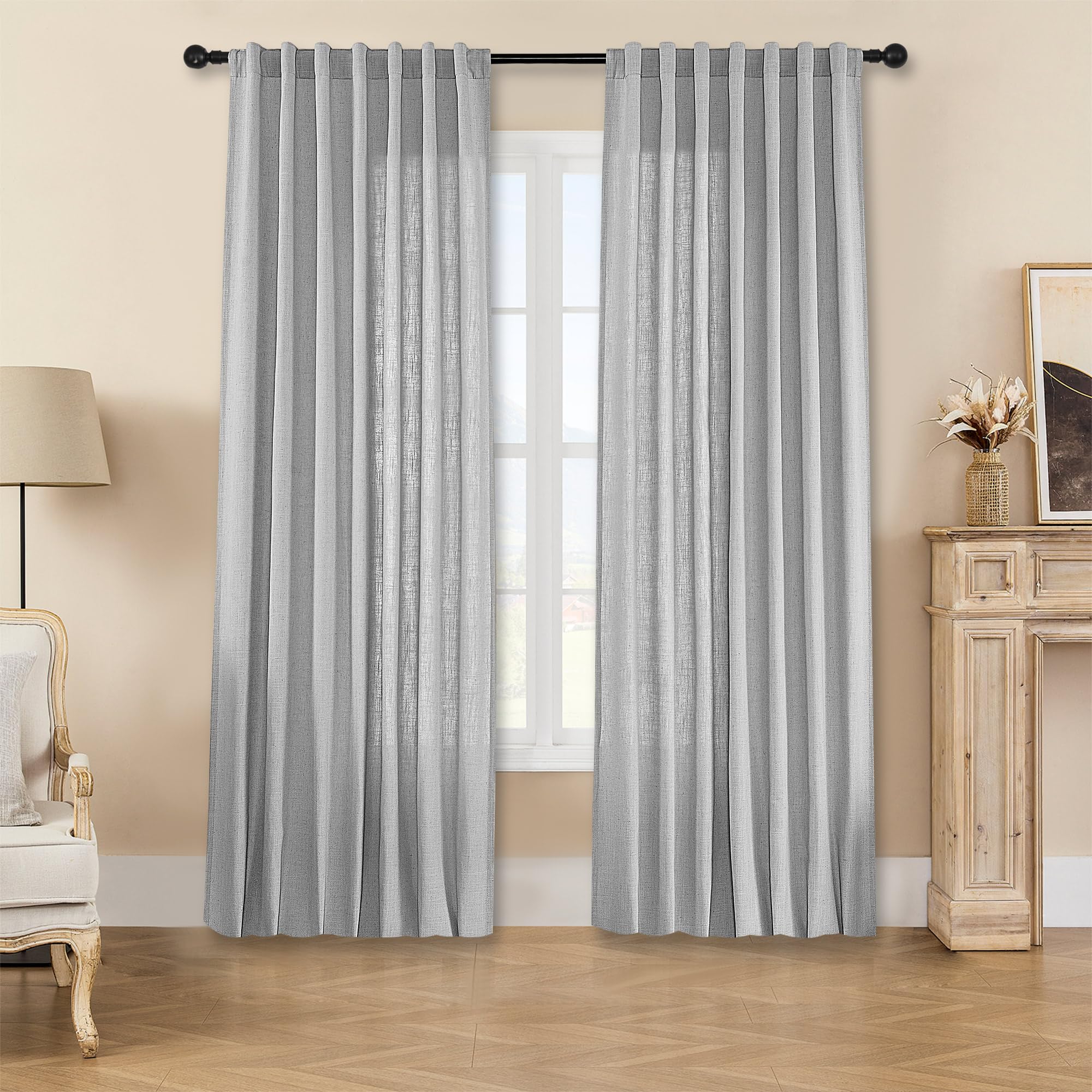 Joydeco Linen Curtains 96 inch Length 2 Panel Set, Light Filtering Curtain for Living Room Bedroom, 52 inch Wide Drapes with Rod Pocket Back Tab (96" Lx52 W, Ivory on Linen)