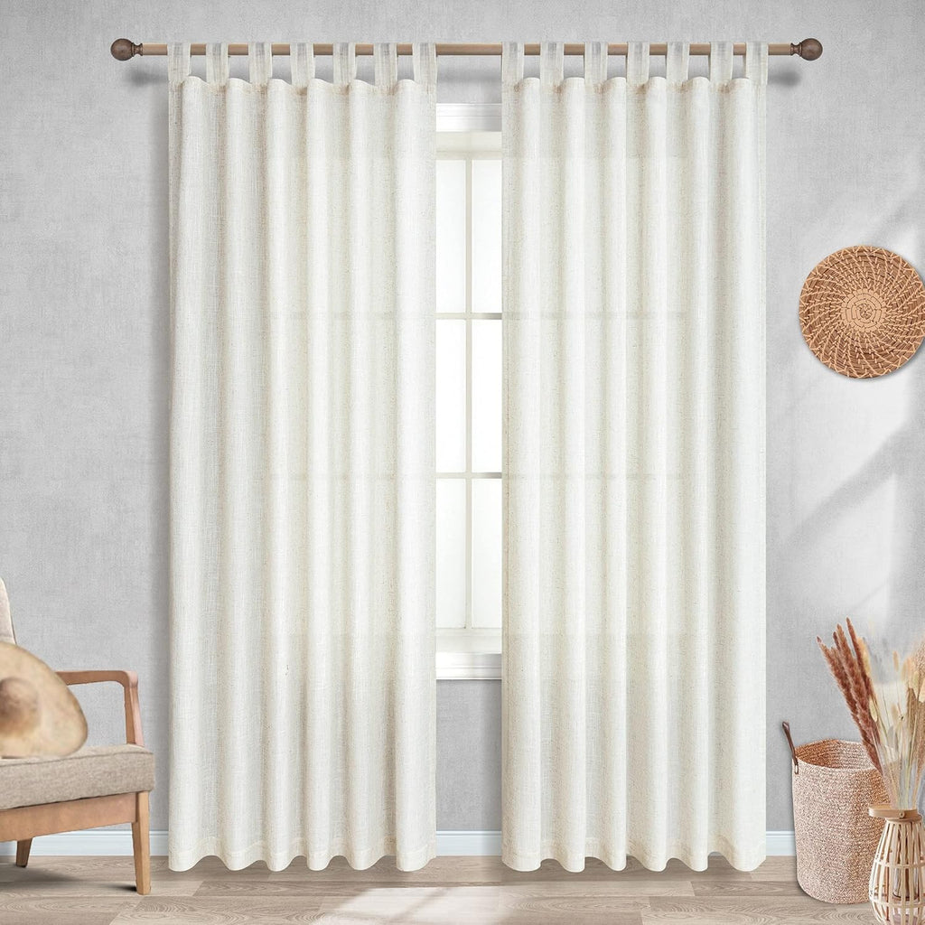 KOUFALL Farmhouse Linen Curtains, Cream Beige Semi Sheer Light Filtering Curtain, Boho Tab Top Neutral Country Curtains for Living Room, Bedroom, Nursery, 84 Inch Length, 2 Panels Set