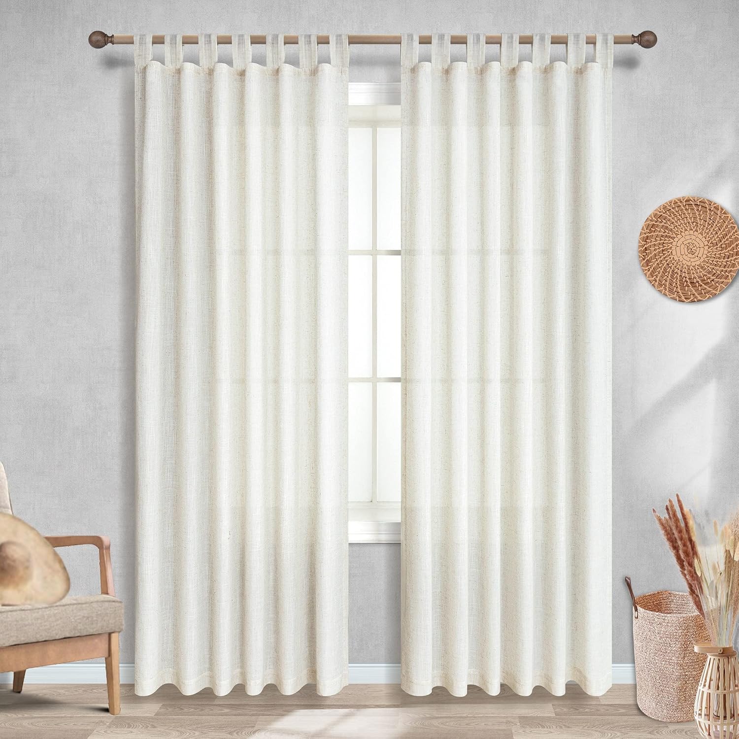 KOUFALL Farmhouse Linen Curtains, Cream Beige Semi Sheer Light Filtering Curtain, Boho Tab Top Neutral Country Curtains for Living Room, Bedroom, Nursery, 84 Inch Length, 2 Panels Set