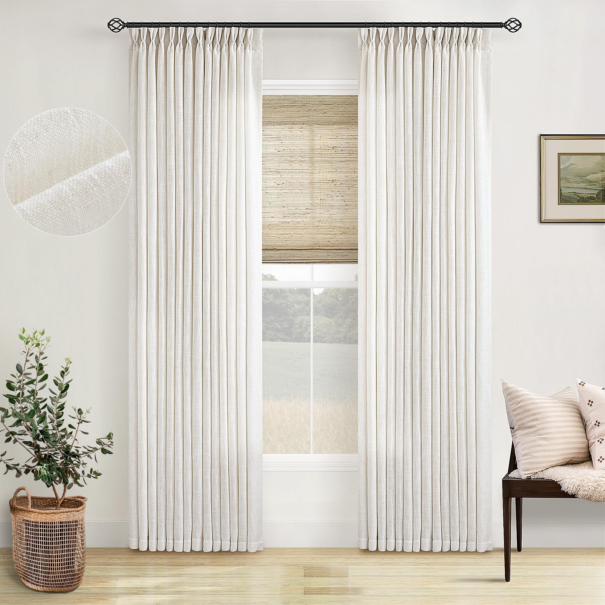 Natural Pinch Pleated Linen Curtains 84 Inch Length 2 Panels for Living Room Bedroom Textured Cream Ivory Birch Semi Sheer Boho Neutral Back Tab Pinch Pleat Hooks Rings Window Curtain 84 Inches Long