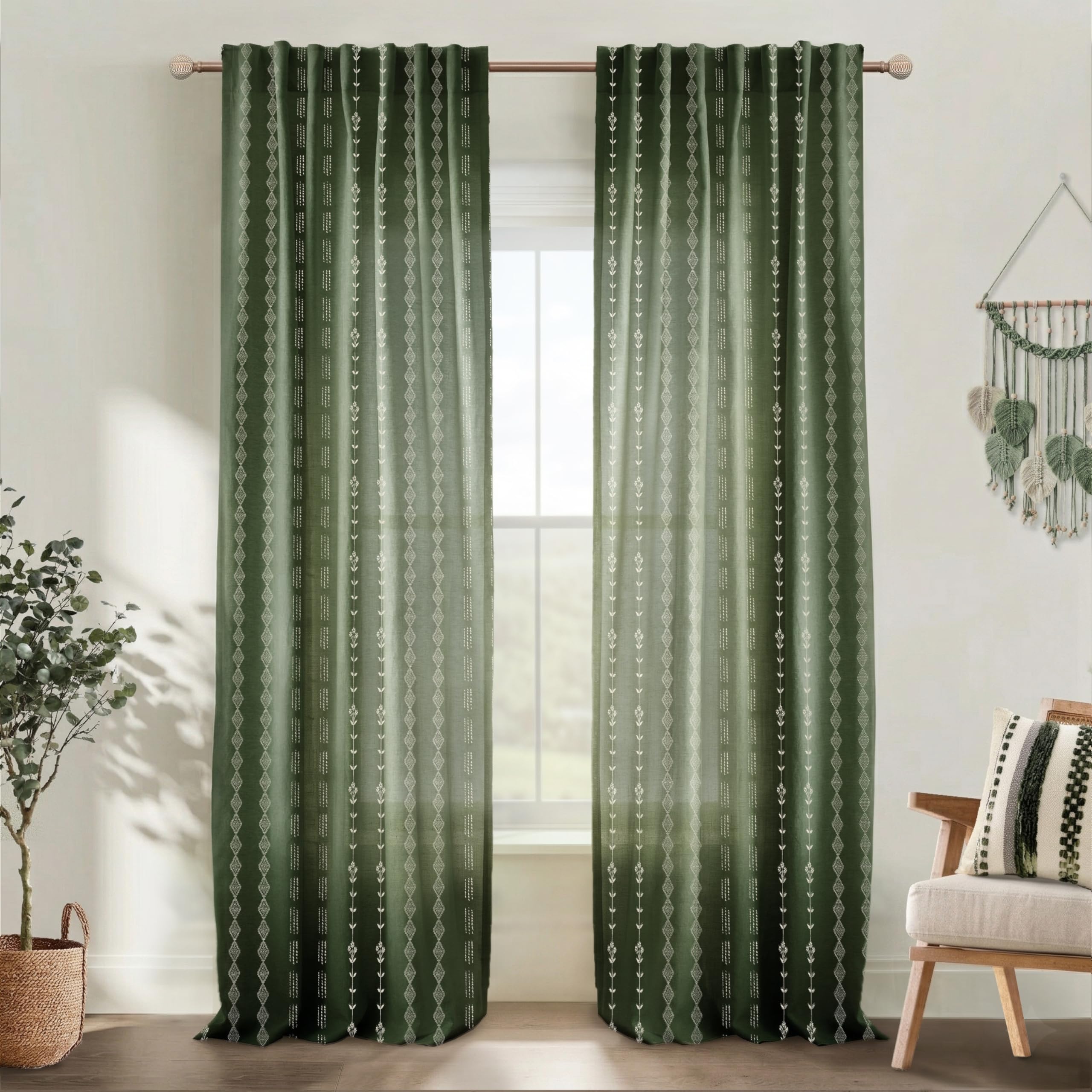 Neutral Farmhouse Curtains for Living Room 84 Inches Long,Taupe Cream Boho Light Filtering Sheer Patterned Modern Beautiful Linen Curtains with Floral Pattern Design Dining Room 84 Length 2 Panels Set