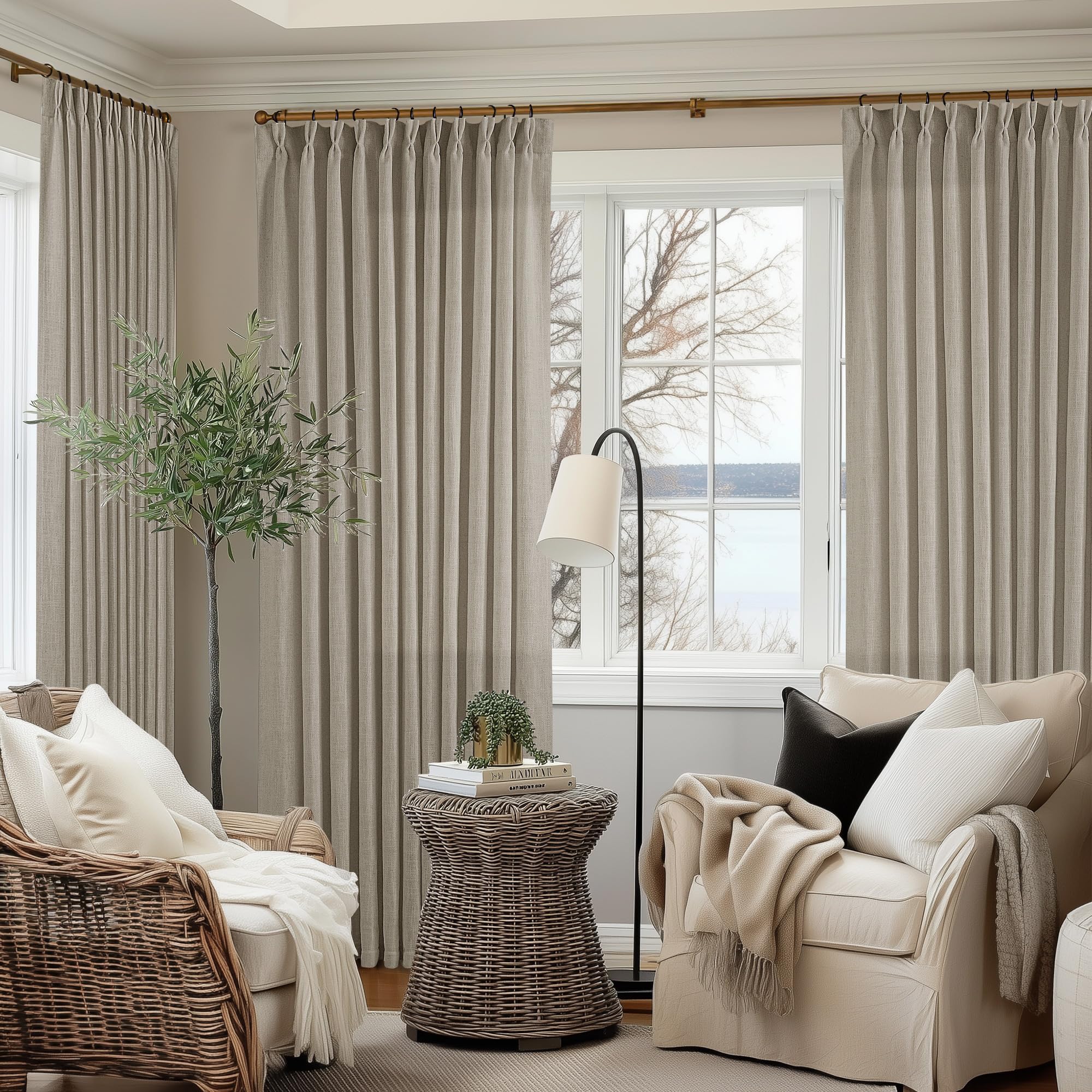 Natural Pinch Pleated Linen Curtains 84 Inch Length 2 Panels for Living Room Bedroom Textured Cream Ivory Birch Semi Sheer Boho Neutral Back Tab Pinch Pleat Hooks Rings Window Curtain 84 Inches Long