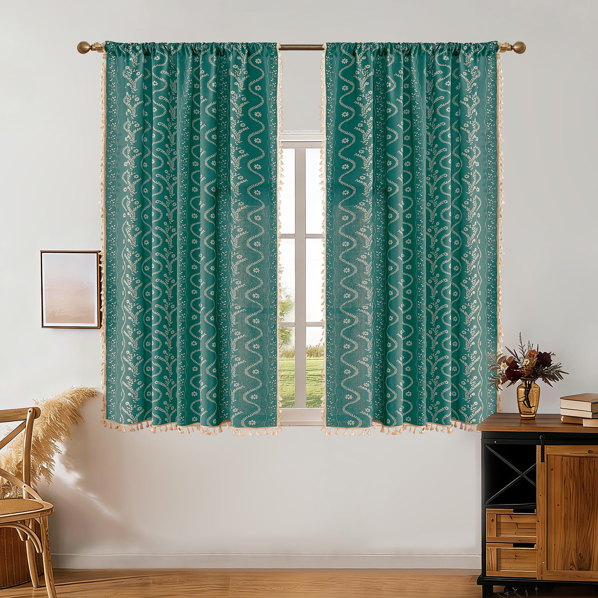 Burnt Orange Curtains for Living Room Patterned Farmhouse Curtains 2 Panels,Boho Linen Vintage Tassel Terracotta Floral Fall Window Curtain for Bedroom Dining Room Kitchen 84 Inch Long