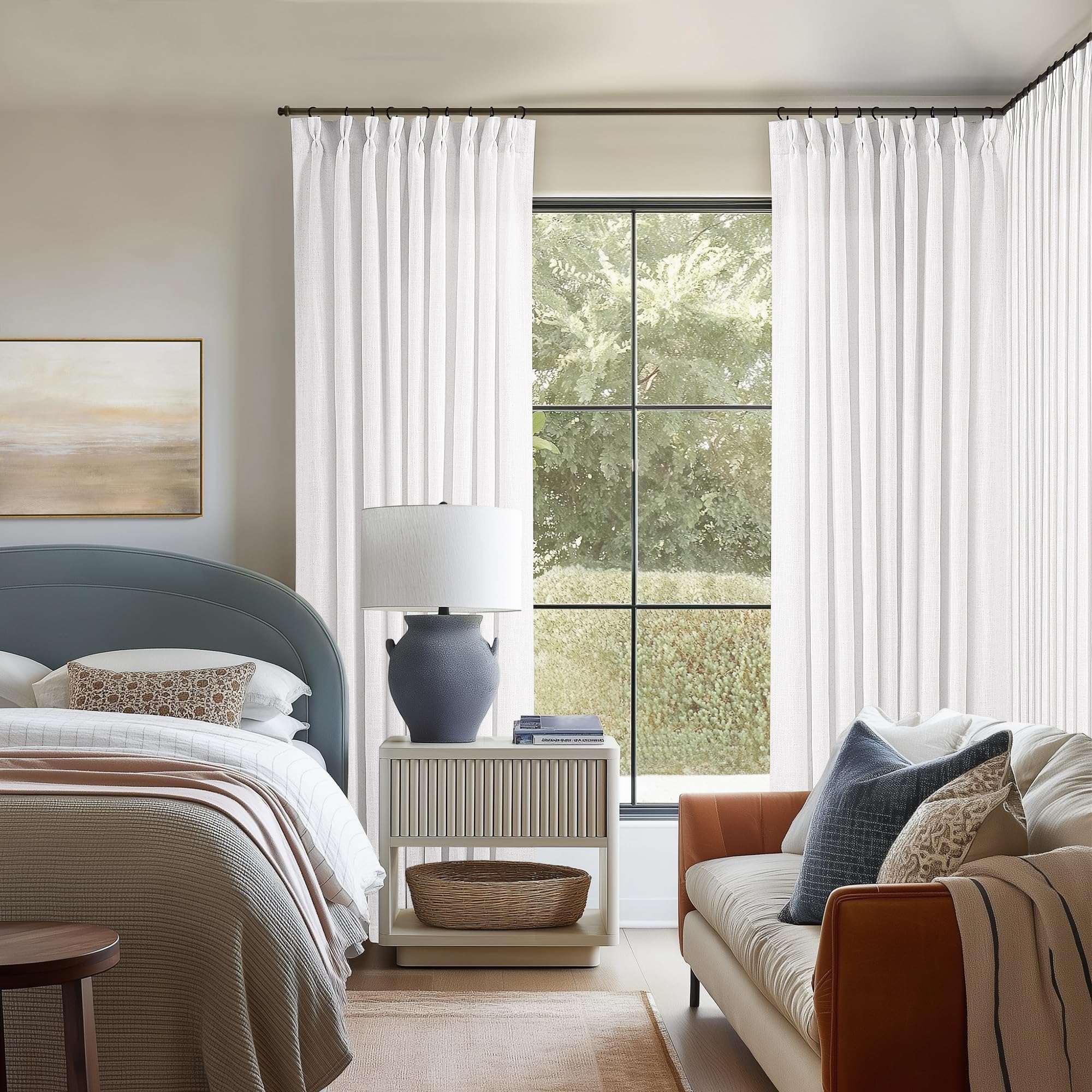 Natural Pinch Pleated Linen Curtains 84 Inch Length 2 Panels for Living Room Bedroom Textured Cream Ivory Birch Semi Sheer Boho Neutral Back Tab Pinch Pleat Hooks Rings Window Curtain 84 Inches Long