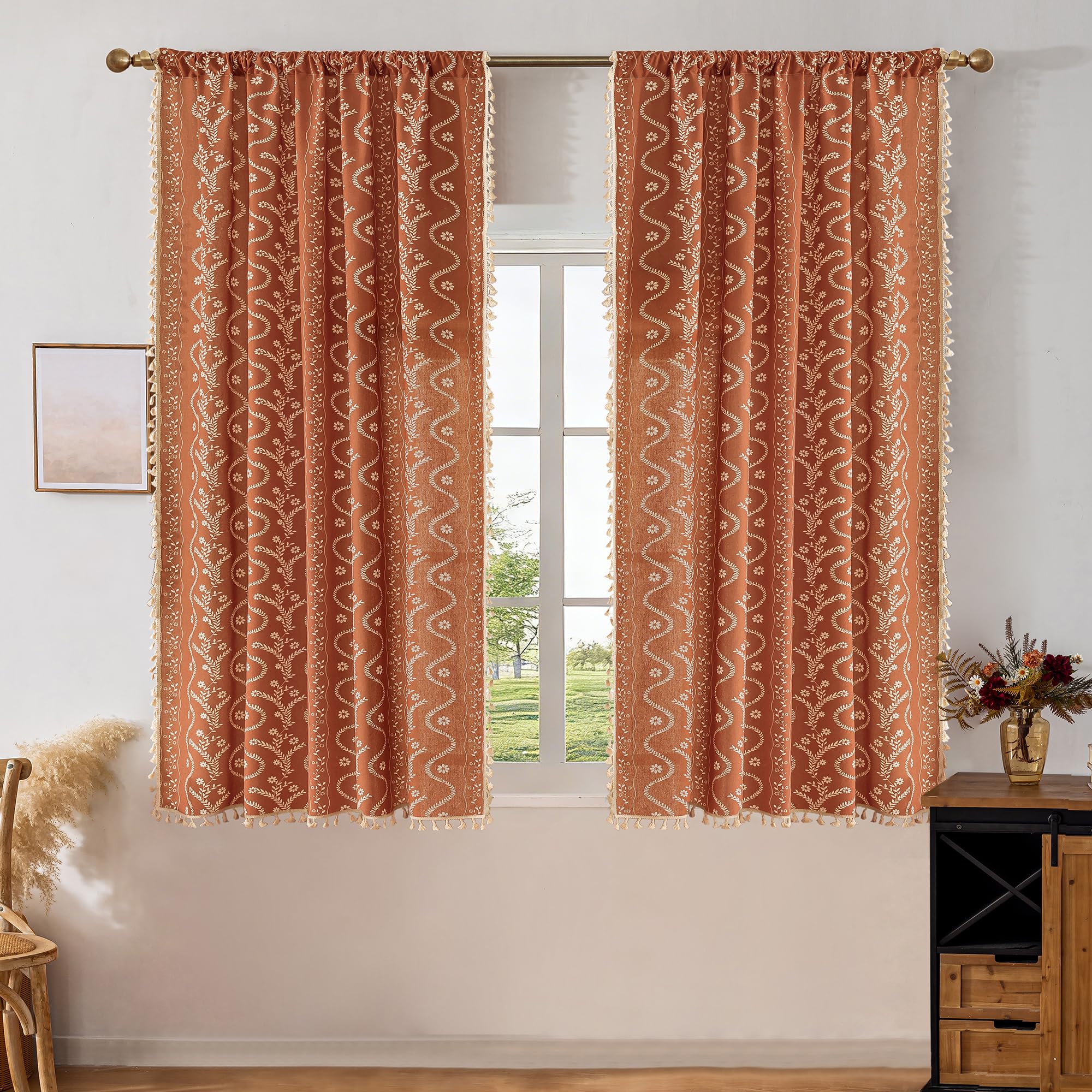 Burnt Orange Curtains for Living Room Patterned Farmhouse Curtains 2 Panels,Boho Linen Vintage Tassel Terracotta Floral Fall Window Curtain for Bedroom Dining Room Kitchen 84 Inch Long