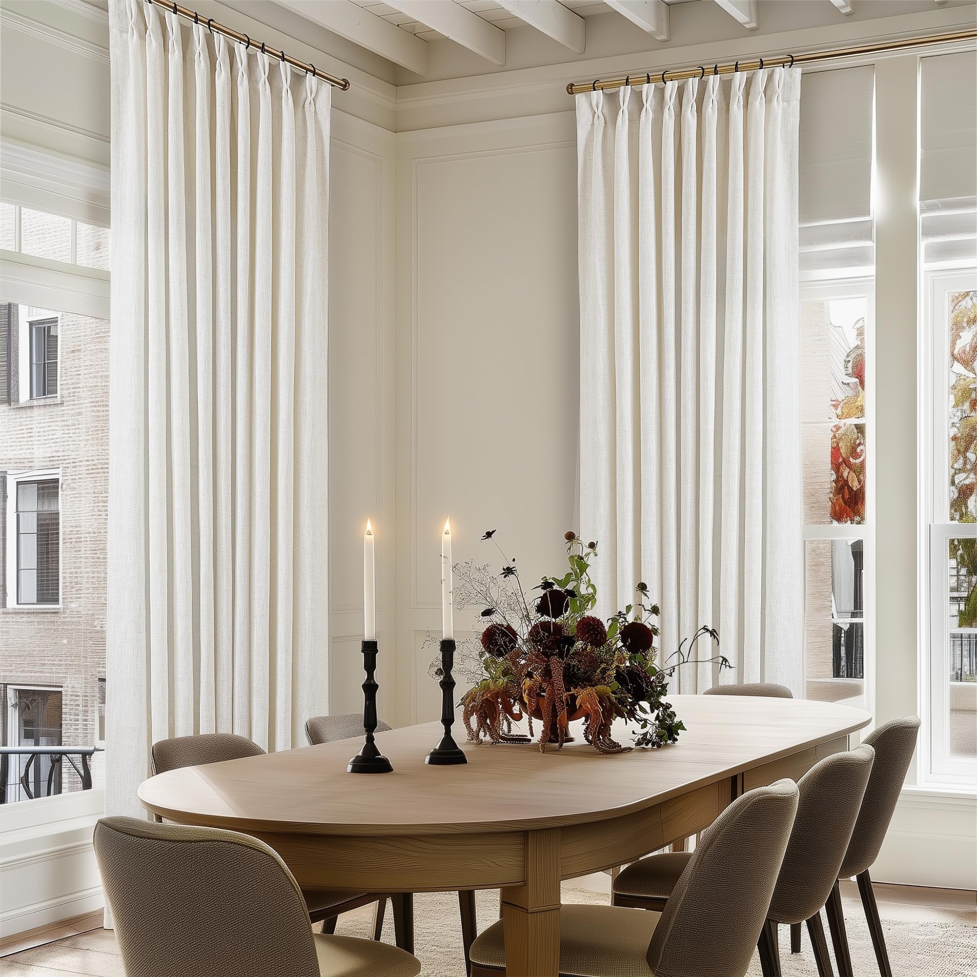 Natural Pinch Pleated Linen Curtains 84 Inch Length 2 Panels for Living Room Bedroom Textured Cream Ivory Birch Semi Sheer Boho Neutral Back Tab Pinch Pleat Hooks Rings Window Curtain 84 Inches Long