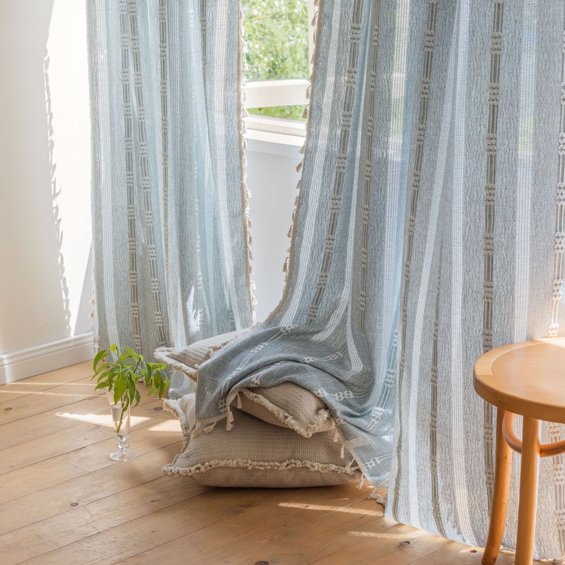 Boho Curtains - Embroidery Linen and Cotton 63 Inch Length 2 Pannels for Living Room, Cream Off White Light Filtering Farmhouse Curtains with Rod Pocket Draperies 52" W x 63" L
