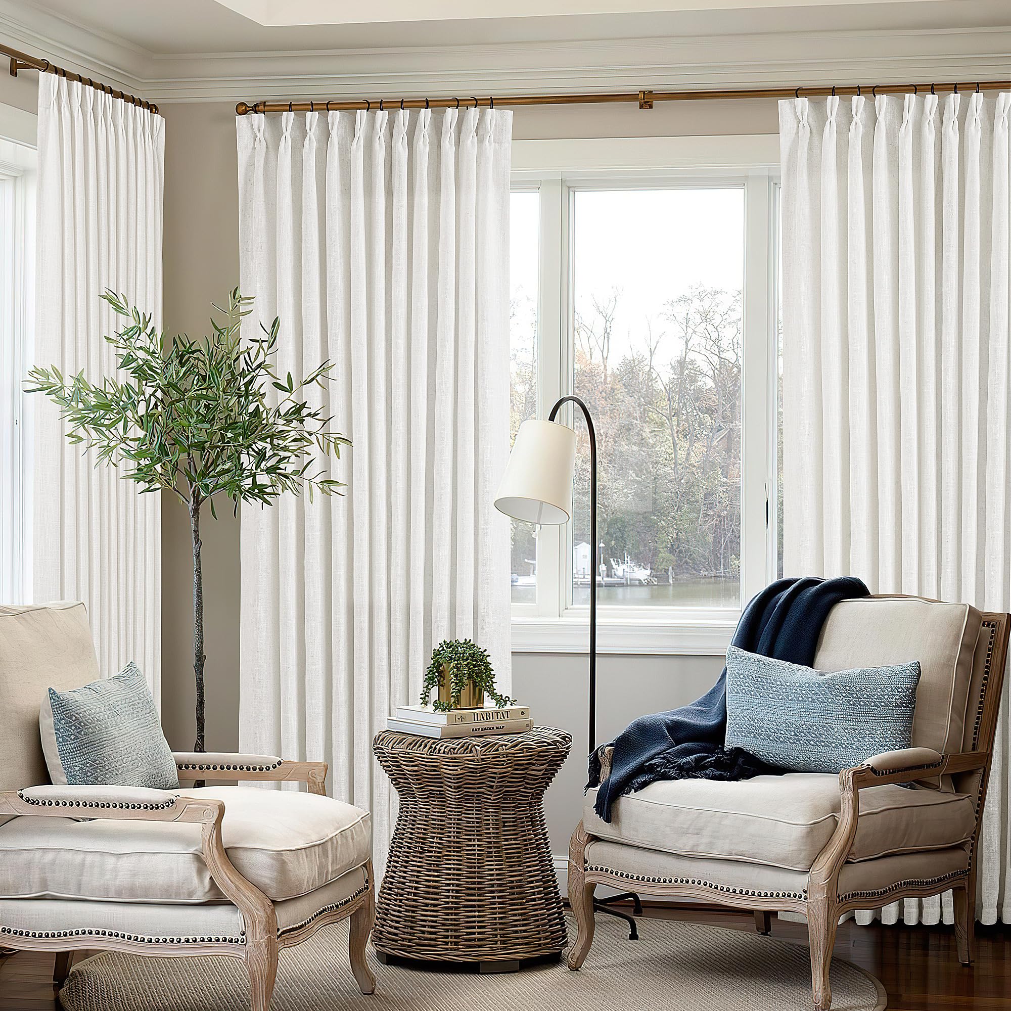 Natural Pinch Pleated Linen Curtains 84 Inch Length 2 Panels for Living Room Bedroom Textured Cream Ivory Birch Semi Sheer Boho Neutral Back Tab Pinch Pleat Hooks Rings Window Curtain 84 Inches Long