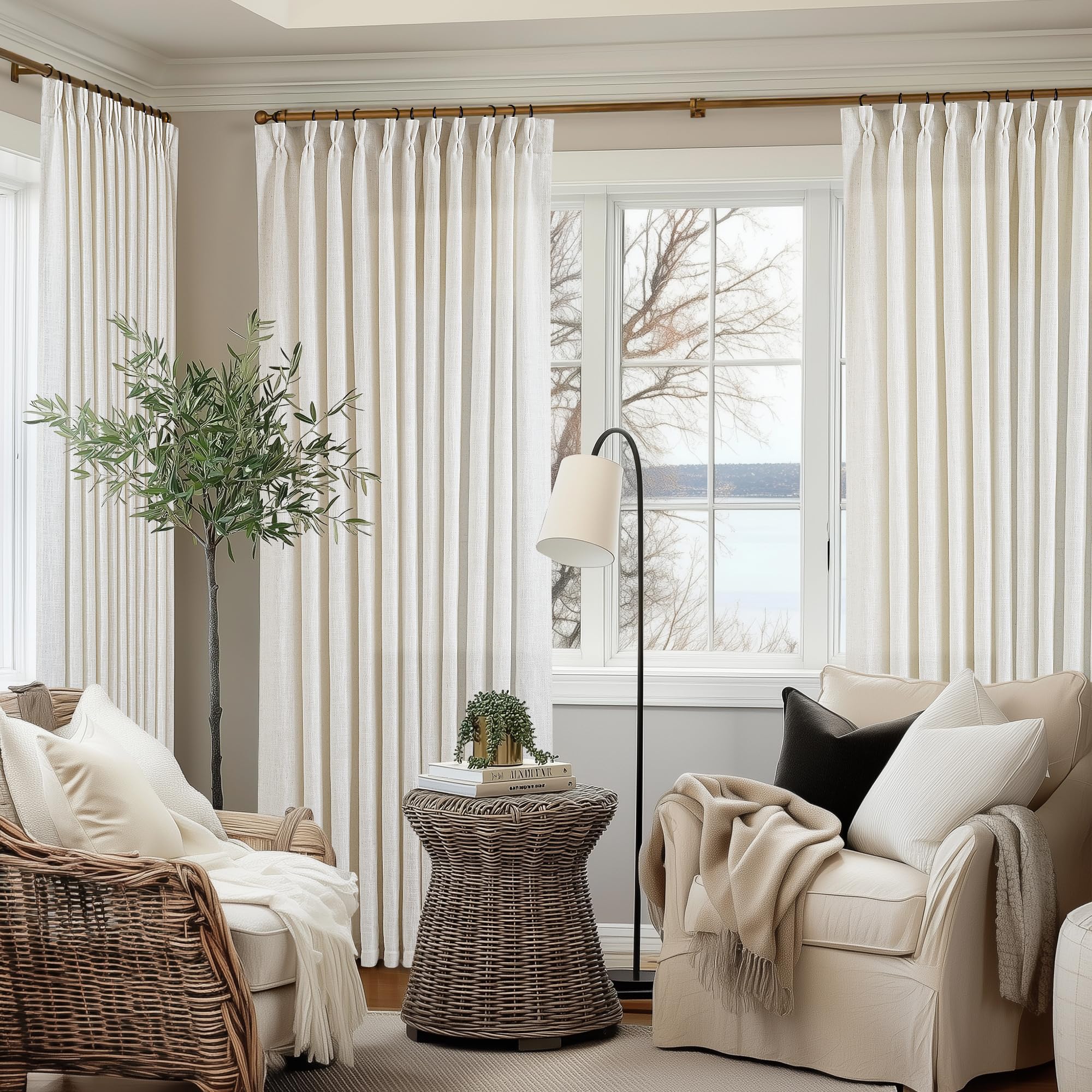Natural Pinch Pleated Linen Curtains 84 Inch Length 2 Panels for Living Room Bedroom Textured Cream Ivory Birch Semi Sheer Boho Neutral Back Tab Pinch Pleat Hooks Rings Window Curtain 84 Inches Long