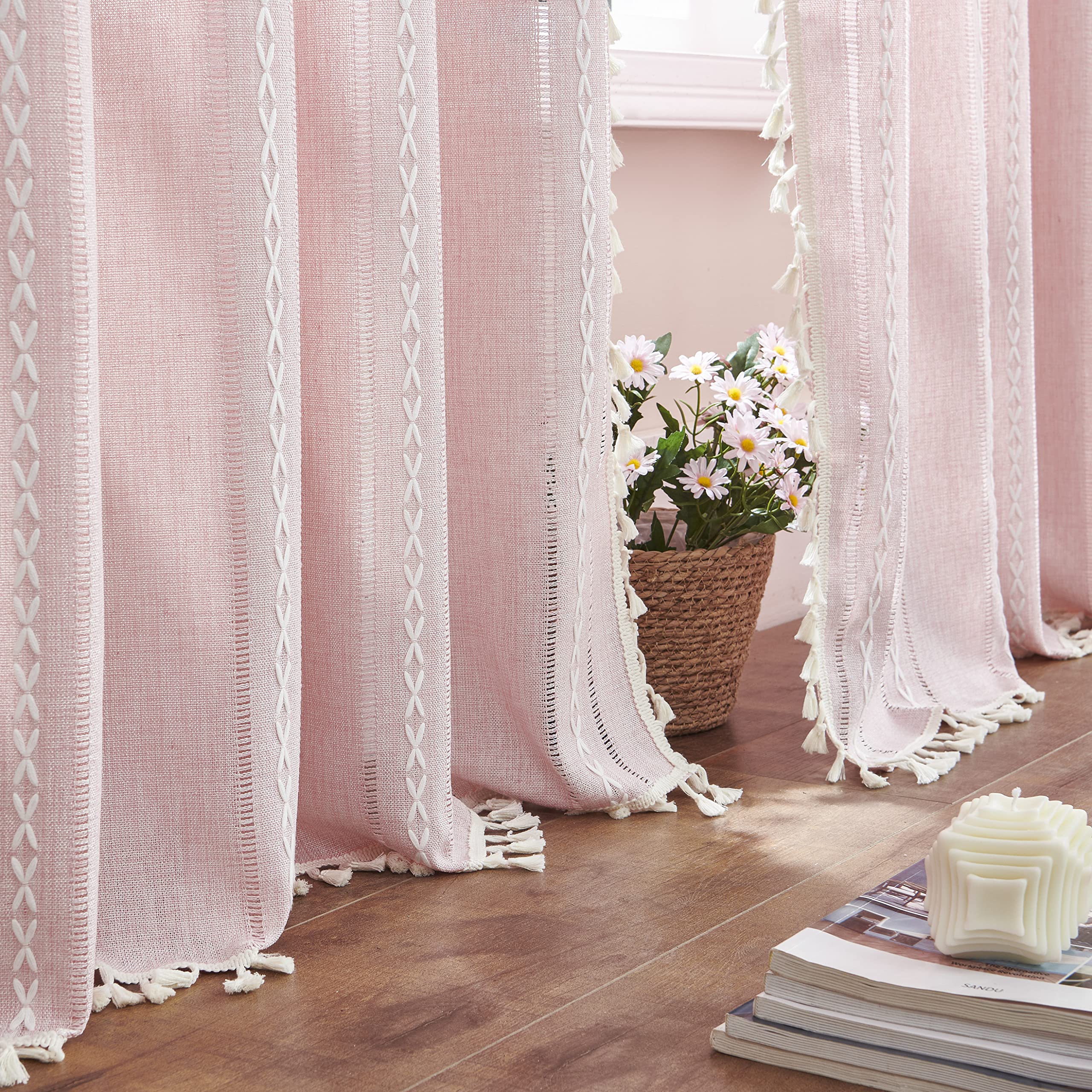 Boho Curtains - Embroidery Linen and Cotton 63 Inch Length 2 Pannels for Living Room, Cream Off White Light Filtering Farmhouse Curtains with Rod Pocket Draperies 52" W x 63" L